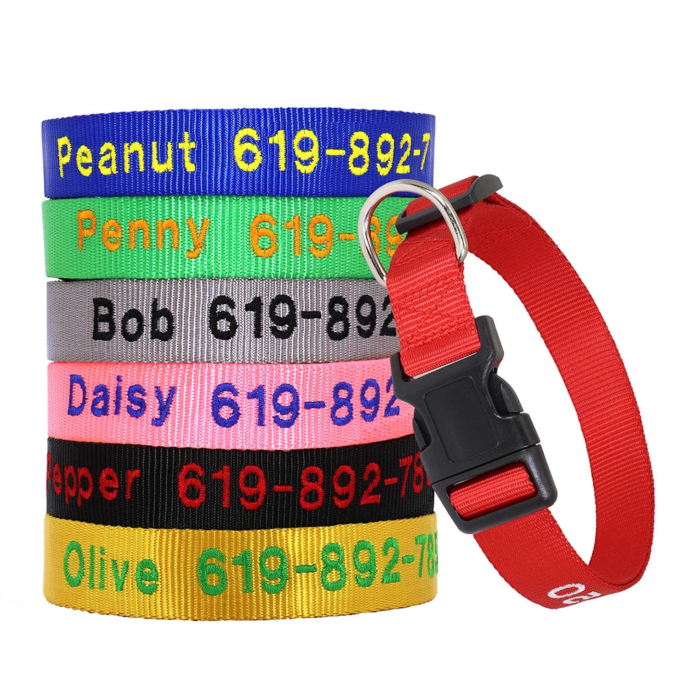 Adjustable Nylon Embroidered Dog Collar Custom ID Name Accessories Pet Collars for Small Medium Large Dogs Pets Supplies Perro